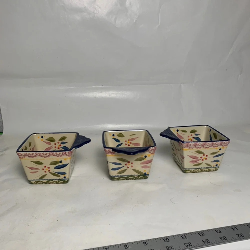 Temp-tations Ramekin Set 3 Old World Floral Square 10oz Ceramic Blue EUC